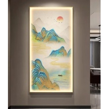 宜巢玄关装饰画新中式入户山水风景国画走廊过道壁画 千里江山图-A款 100*200晶瓷画【好打理】 铝合金边框【不带灯】